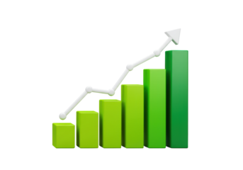 Isolated green bar chart showing an upward trend of growth in performance statistics
