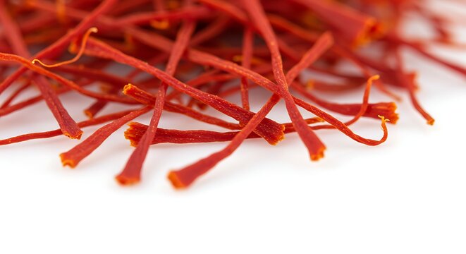 Vibrant saffron threads isolated against white background copy space