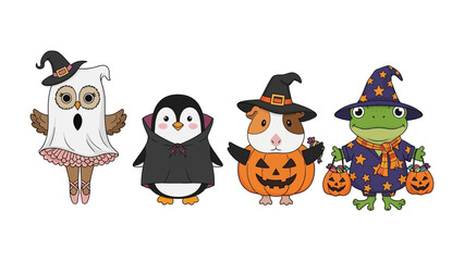 Whimsical Halloween Characters: A charming gathering of adorable cartoon characters, each dressed in whimsical Halloween costumes, radiates spooky joy and the essence of fall fun.