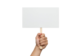 Hand holding blank white sign on a wooden stick with copy space for text and design