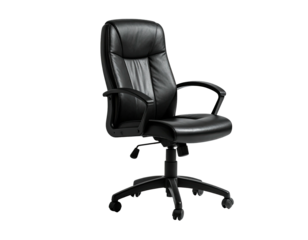 A black, leather executive office chair with armrests and a five-star base