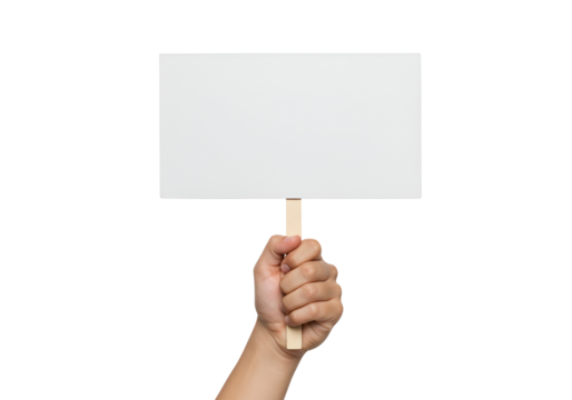 Hand holding blank white sign on a wooden stick with copy space for text and design