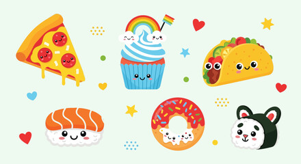 Adorable Kawaii Food Characters Set. Happy Pizza, Cupcake, Taco, Sushi, Donut & Panda Snacks.