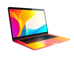 Angled laptop with vibrant, abstract display and a matching colorful case