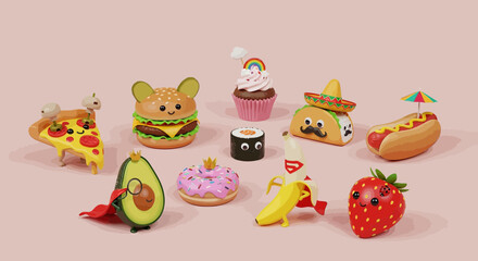 Obraz premium A variety of cute food toys arranged.