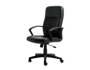 A sleek, black office chair, leather-like, positioned against a dark backdrop
