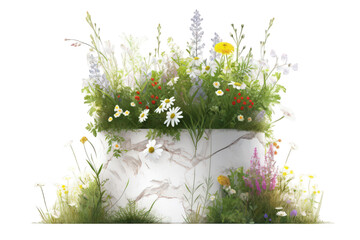 Floral Display with White Stone Planter Filled with Daisies Delphinium and Wildflowers on Transparent Background