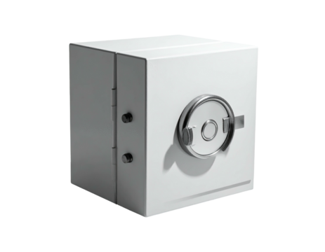 A white, rectangular safe with a round door and a prominent handle