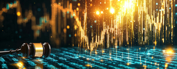 Gavel signifies justice and legal decision making amidst dynamic digital financial market growth and data streams
