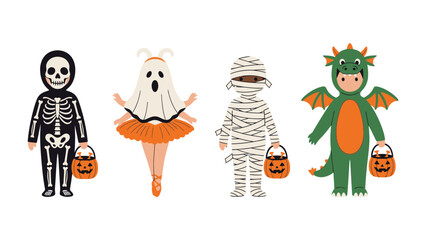 Spooky Parade: A vibrant and diverse group of children, each adorned in elaborate Halloween costumes, are captured in a whimsical, studio-style photograph.