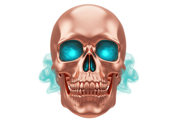 Isolated shiny copper skull with glowing eyes, surreal and macabre, mystic anatomy