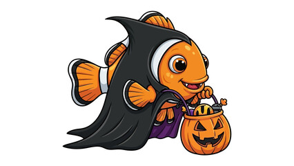 Halloween Clownfish Delight: An enchanting illustration features a vibrant clownfish playfully dressed as a vampire, clutching a Jack-o'-lantern candy basket.