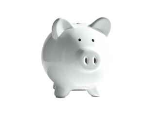 White, glossy ceramic piggy bank on a black background, three-quarter view