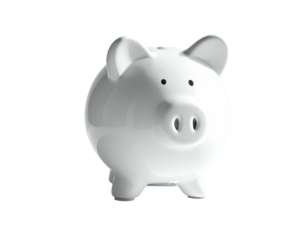 White, glossy ceramic piggy bank on a black background, three-quarter view