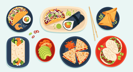 Diverse International Cuisine Flat Lay. Collection of Global Food Dishes: Tacos, Sushi, Samosas, Wraps, Quesadillas, Bao Buns.