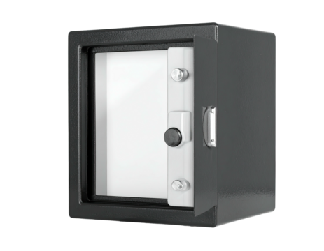 A small, dark metal safe with an open door showing a white interior