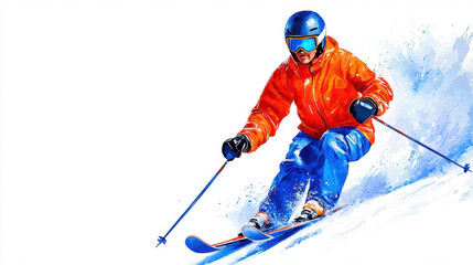 Skier in orange jacket and blue pants descends snowy slope, showcasing dynamic movement and excitement
