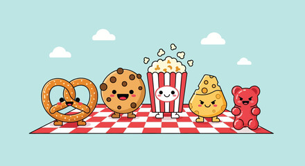 Fototapeta premium Colorful cartoon snacks on a checkered tablecloth with smiling faces.
