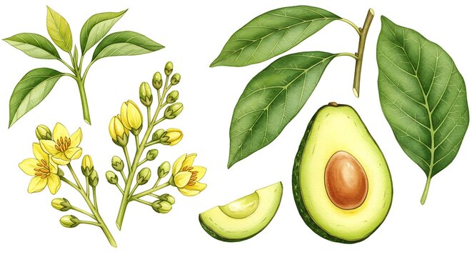 Watercolor avocado illustration with leaves and flowers on white background