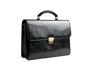 Elegant black leather briefcase with handle and clasp against a black background