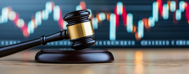 Justice gavel on desk with blurred financial stock market data graph background symbolizing legal decisions and economic impact