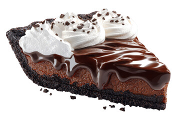 Decadent Chocolate Pie Slice with Whipped Cream and Drizzled Ganache on Transparent Background Isolated Closeup