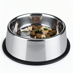 Shiny stainless steel pet food bowl filled with savory dog treats on white backdrop