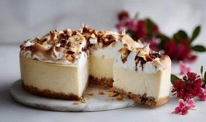 vogue style Cheesecake threaded dried fruit and topped with a meringue top on a rustic style