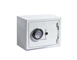 A white, square, security box with a combination lock, door handle, and shadow