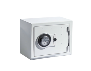 A white, square, security box with a combination lock, door handle, and shadow
