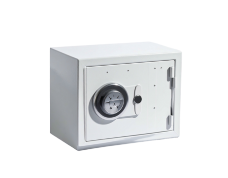 A white, square, security box with a combination lock, door handle, and shadow