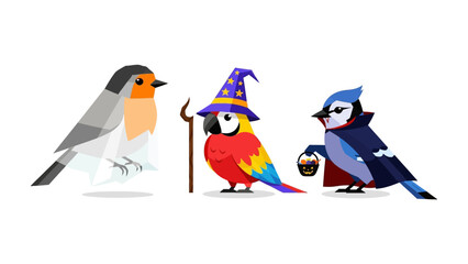Whimsical Avian Trio: A collection of adorable birds dressed up in Halloween costumes, offering a delightful spectacle of the Halloween spirit.