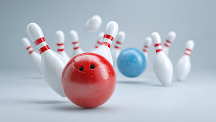 Naklejka premium 3d rendering of a bowling ball hitting pins with confetti