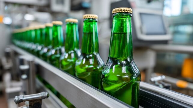 Production line at a beer bottling plant with green bottles ready for labeling and packaging
