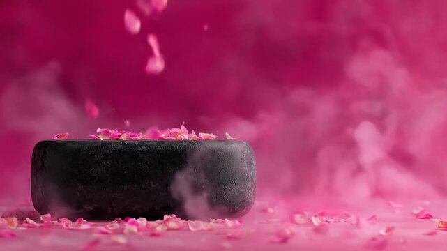 Black object with pink petals floating in pink smoke background