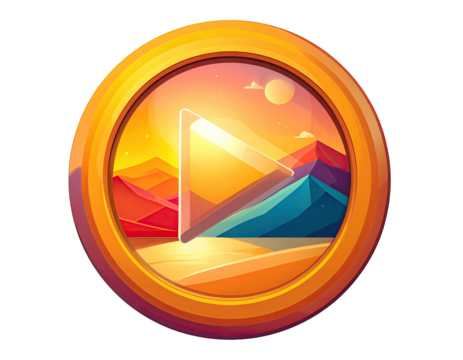 Stylized sunset landscape enclosed in a golden-framed play button on black background