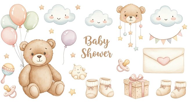 Watercolor baby shower elements bear balloons clouds and gifts