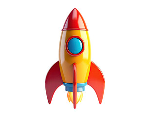 A vibrant, cartoonish rocket ship with red fins and a yellow body on black