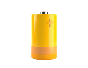 Isolated, rendered, upright cylindrical battery with a plus sign and terminal cap