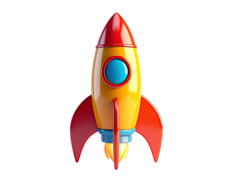 A vibrant, cartoonish rocket ship with red fins and a yellow body on black
