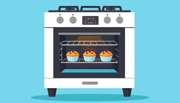 Muffins Baking in Modern Kitchen Oven Illustration
