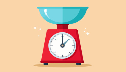 Red Kitchen Scale with Blue Bowl Vector. Analog Food Weighing Equipment for Baking, Cooking, and Measurement. Flat Illustration.