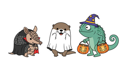 Halloween Characters: A trio of adorable creatures - an armadillo in a vampire cloak, a beaver in a ghost costume, and a chameleon wearing a wizard hat and carrying a pumpkin basket.