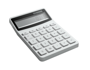 A modern, white calculator with digital display, angled on a dark background