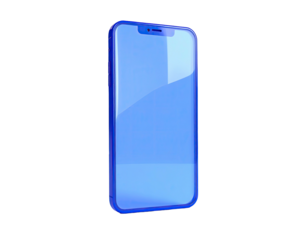 A vibrant, blue translucent smartphone graphic rendered against a stark black background