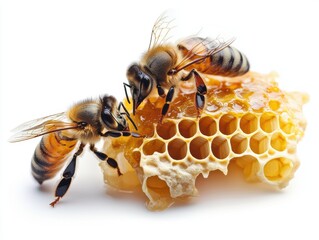 Bees collecting nectar and working on honeycomb in a natural setting during daylight hours