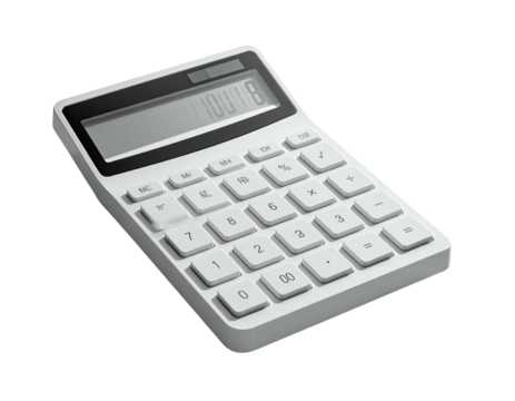 A modern, white calculator with digital display, angled on a dark background