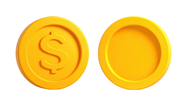 Two rendered gold coins, one with a dollar symbol, against a black background