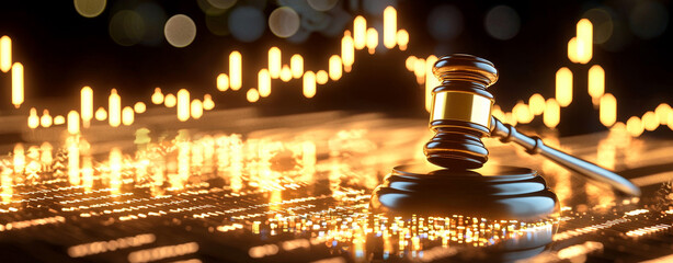 Gavel symbolizing justice and legal decisions against a backdrop of glowing financial market data charts, representing economic law and trading.