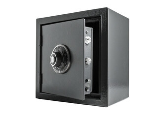 Dark gray safe with open door, showing dial, bolts, and secure inner workings